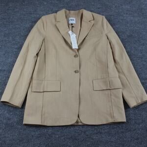 Zara Blazer Womens Medium Beige Two Button Notch Lapel Flap Business Workwear